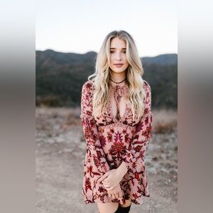 For Love and Lemons Saffron Floral Boho Mini Dress Silk Blend Pink X-Small New